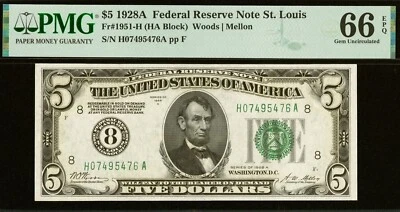 1928A $5 St. Louis FRN Gem PMG 66EPQ 2nd highest graded St. Louis Fr 1951-H - Image 1 of 3