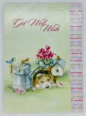 Get Well Card Dog Bird Flower Water Pot Art “Feeling Ever So Much Better” P3 - Image 1 of 3