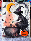 Aquarelle sorcière carte Halloween, CARTE GRATUITE, sorcière brassage au chaudron, découpée sous pression