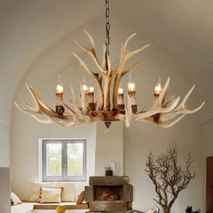 Rustic Antler Chandelier 8/10 Light Large Resin Deer Antler Pendant Hanging Lamp - Picture 1 of 12