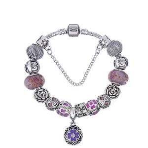 NUEVO Silver Purple Enamel Flower Rose Murano Beads Charm European Bracelet - Imagen 1 de 1