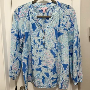 Lilly Pulitzer 100% Seide Elsa Top S Tropical Botanical Print Blau Aqua Bluse - Bild 1 von 8