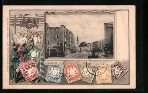 Präge-AK Mühldorf a. Inn, Straßenpartie mit Brunnen, Briefmarken, Wappen 1904 - Picture 1 of 2