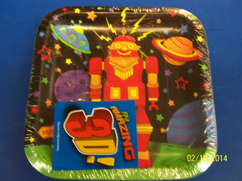 Party Bots Toy 3D Robot Space Boys Kids Birthday Party 7" Square Dessert Plates - Image 1 of 1