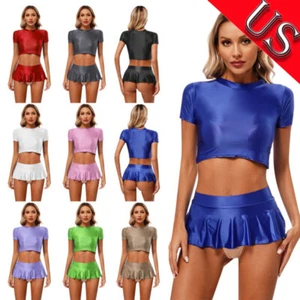 Women 2 Piece Outfit Glossy Crop Top and Skirt Set Ruffled Mini Short Skirt - Picture 1 of 124