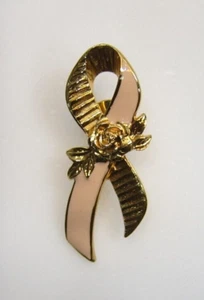 Vintage Avon Breast Cancer Awareness Pink Gold Tone Ribbon Rose Brooch Pin - Picture 1 of 3