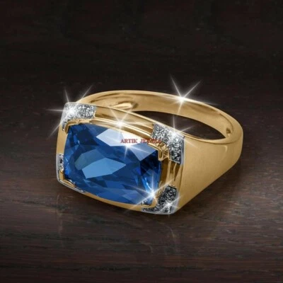 Natural Blue Topaz Gemstone with Gold Plated 925 Sterling Silver Men's Ring #516 - Image 1 of 4