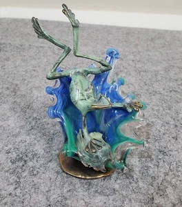 Michael Storey Bronze Frog Jumping Sculpture Blown Glass Wave Mid Century Modern - Picture 1 of 17