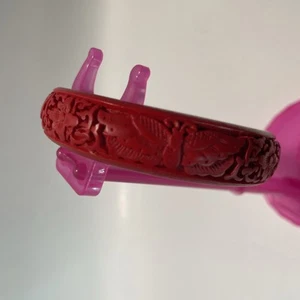 Vintage Chinese Cinnabar Engraved Bangle Bracelet Red Carved Detail Characters - Picture 1 of 5