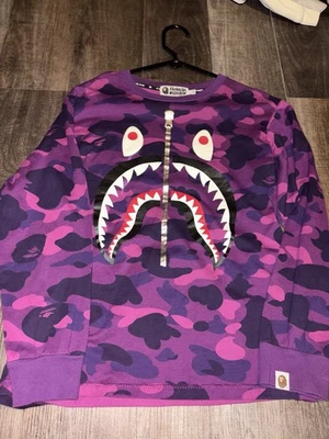 A Bathing Ape Men's Long Sleeve Cotton Shirt Purple Camo Shark PONR, Size S - Image 1 of 3