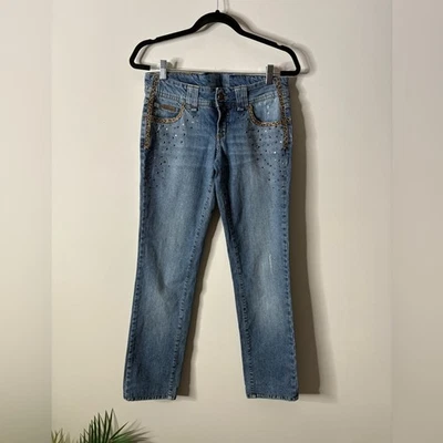 Pantalones de mezclilla para mujer John Galliano Y2K con tachuelas estampado de leopardo talla 27 azul vintage  Foto 1 de 4