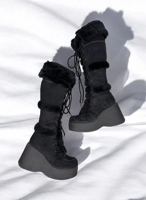 Black Platform Bootss Faux Fur Lace Up Goth Rave Punk Cosplay Lolita Fairy US 9 - Image 1 of 4
