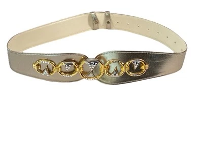 Vintage 80s Gold Metallic Hip Belt Chain Rhinestone Bling S/M - Image 1 of 4