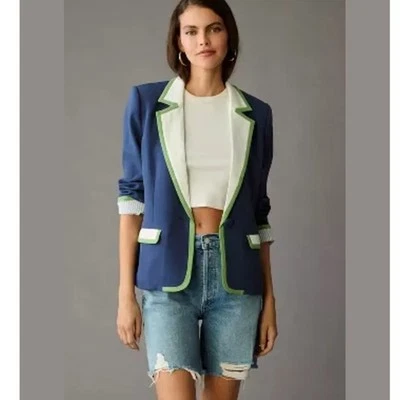 Blazer Anthropologie Maeve Colorblock Azul Verde Blanco Talla S Foto 1 de 4