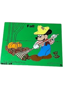 1986 Vintage Disney Wood Puzzle Fall Mickey Mouse Raking Leaves Imperfect - Picture 1 of 9