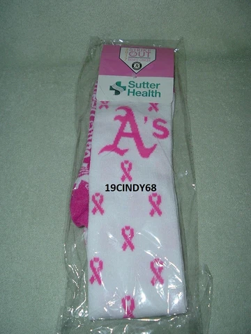 NEW OAKLAND A'S SGA PINK & WHITE "STRIKE OUT BREAST CANCER" SOCKS-SUTTER HEALTH Cover
