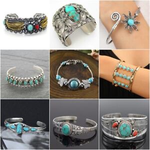 925 Silver Women Tibetan Turquoise Open Bangle Cuff Bracelet Wedding Jewelry