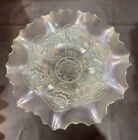 Dugan White Carnival Glass Double Stem Rose 9 to 10 inch Ruffled Bowl