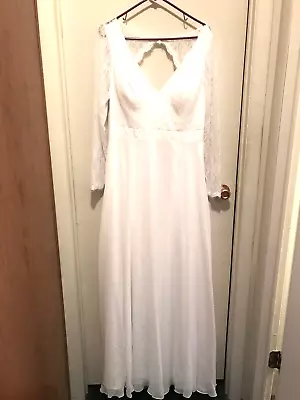 Wedding Dress Women's Size A14 White V-Neck Sleeves and Open back Azazie Alannah - Image 1 of 4