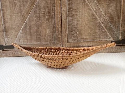 Hand Woven Canoe-Shaped Crescent Basket. Rustic vintage shikara bowl- Wicker Cover