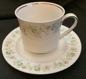 Taza de té y platillo Johann Haviland Bone China Forever Spring floral con borde plateado - Imagen 1 de 5
