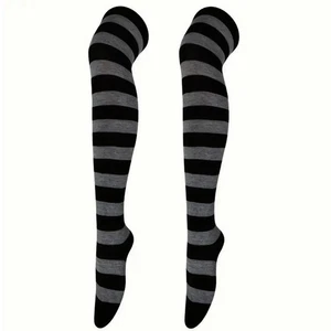Striped Patterned Socks (Thigh High) Dark Gray and Black - Picture 1 of 3