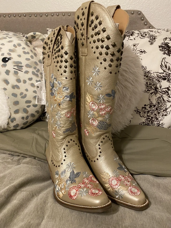 Dingo Poppy Mujer Flor Bordado Tachonado Cuero Vaquera Botas Amapola Dorado  Foto 1 de 4