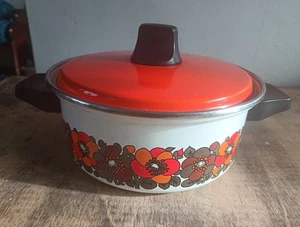 Vintage enamel saucepan flower orange lid - Retro 60 70s kitchenella - Picture 1 of 10