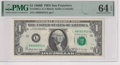 Fr 1905-L 1969B $1 FRN L99082853A PMG 64EPQ CH CU SAN FRANCISCO 1969-B - Image 1 of 2