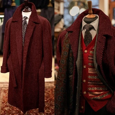Hombres Abrigos con Cinturón Espiga Mezcla de Lana Abrigos Largos Tweed Ropa Exterior de Negocios Foto 1 de 4