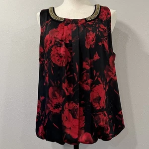 AGB Womens Tunic Top Red Black Sleeveless Rhinestone Beads Detail Keyhole Sz XL - Picture 1 of 12