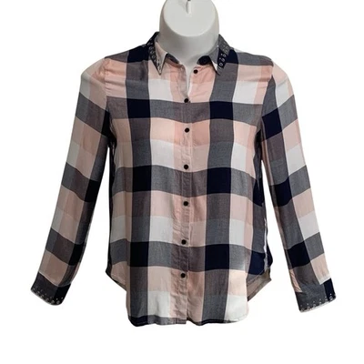 H&M Button Up Tunic Blouse Womens Sz Lg Blue Pink Plaid Long Sleeve Embellished - Image 1 of 4