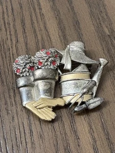 Vintage Danecraft Silver Gold Tone Garden Brooch Pin Hat Gloves Red Rhinestone - Picture 1 of 7