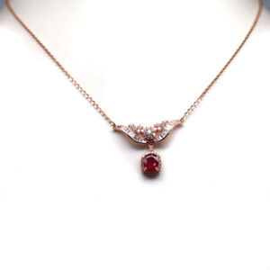 NATURAL 6 X 8 mm. RED RUBY & WHITE CZ 925 STERLING SILVER NECKLACE 19" 