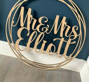  Personalised Wedding Wooden Script Name Hoop Circle Sign Wall Plaque Decor  - Picture 1 of 4