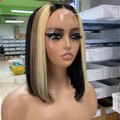 Peluca Remy de cabello humano frontal de encaje recto bob corto resaltado rubio negro 2x6 Foto 1 de 4