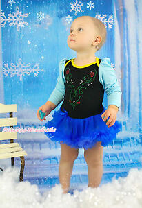 Rhinestone Princess Anna Black Bodysuit Blue Skirt Baby Dress Costume NB-18Month