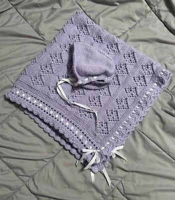 Handmade Lavender Baby Blanket & Bonnet Set - Image 1 of 4