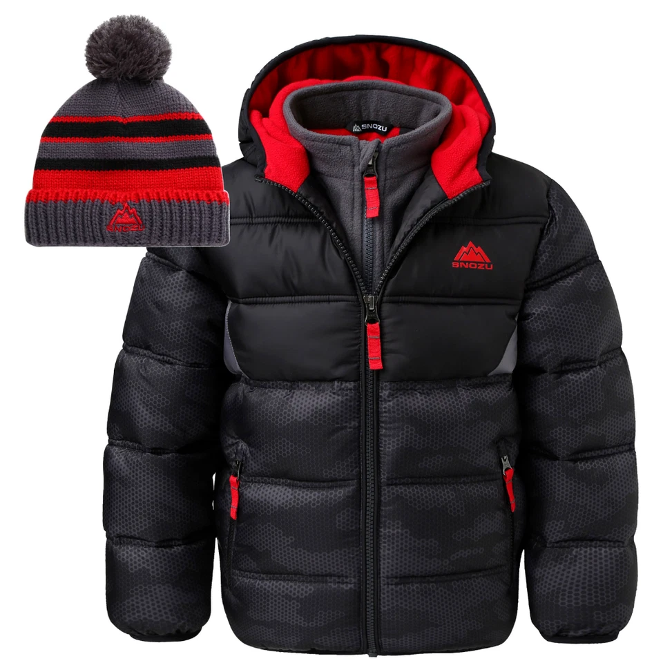 NEW BOYS SNOZU PUFFER FLEECE LINED JACKET/COAT! W/FLEECE LINED KNIT HAT! VARIETY - Image 1 of 1
