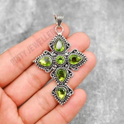 Peridot Cross Pendant 925 Sterling Silver Gemstone Handmade Jewelry - Image 1 of 4