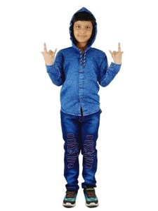 Boys Denim Full Hoode Cap Shirt And Jeans Pant Combo Sets Party Wear Dress - Picture 1 of 12