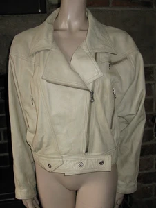 ANNA BIAGINI Designer Italy Beige Cream Biker Classic Soft Leather Jacket Large - Picture 1 of 12