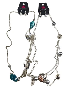 Paparazzi Jewelry 2 Long Necklace & Earring Sets Silver Tone Chain Blue BOHO NWT - Picture 1 of 3