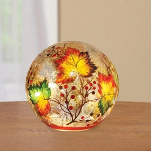 Lighted Fall Harvest Leaves Crackle Glass Ball Thanksgiving Tabletop Home Decor - Picture 1 of 4