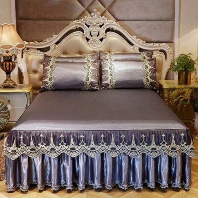Summer Ice Silk 3pc Lace Bed Skirt European Non-slip Bed cover Soft Sleeping Mat - Image 1 of 4