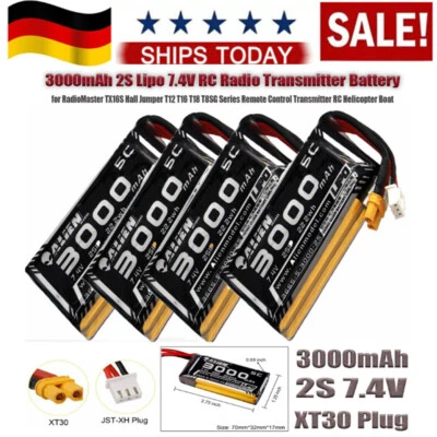 4x ALIENMODEL 3000mAh 7,4V 2S Lipo Akku XT30 Stecker für RadioMaster TX16S NEW - Bild 1 von 4