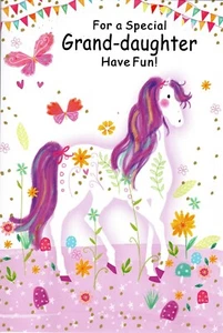 Happy Birthday Card Special Granddaughter Horse Butterfly Flowers Bunting Fun - Picture 1 of 2