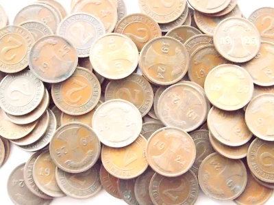 LOT GERMAN Coins 100x 2 REICHSPFENNIG 1923- 1936 Copper WEIMAR 3RD Reich Pfennig - Image 1 of 4