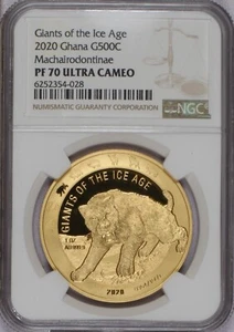 2020 Ghana Gold Giants of the Ice Age Machairodontinae 1 oz. NGC PF70 UC - Picture 1 of 2