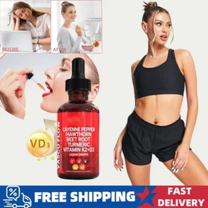 Cayenne Pepper Hawthorn Beet Root Turmeric Vitamin K2+D3 Liquid Drops 60ML - Picture 1 of 13
